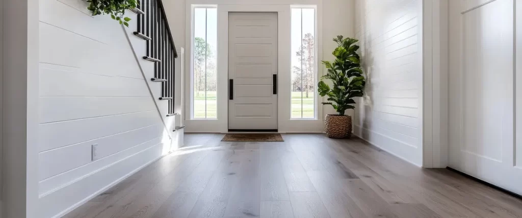 spacious entryway with wooden staircase and large windows