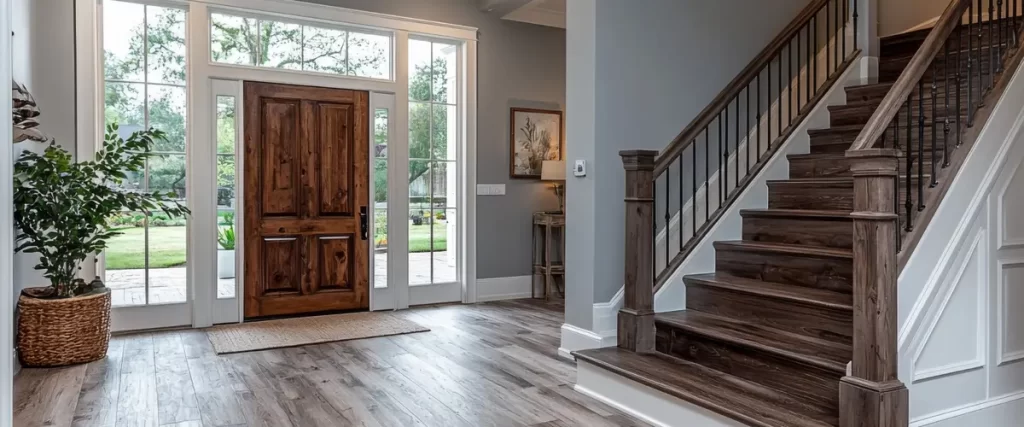 elegant entryway with gray walls and wooden staircase