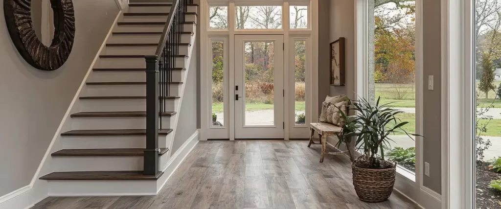 modern minimalist entryway with white walls and black railing