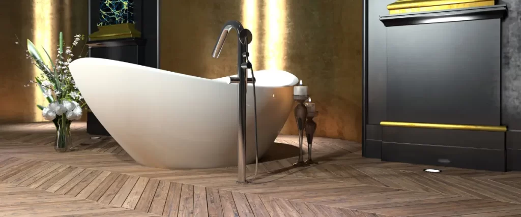 Luxurious bathroom with a freestanding bathtub, wood flooring, and ambient lighting