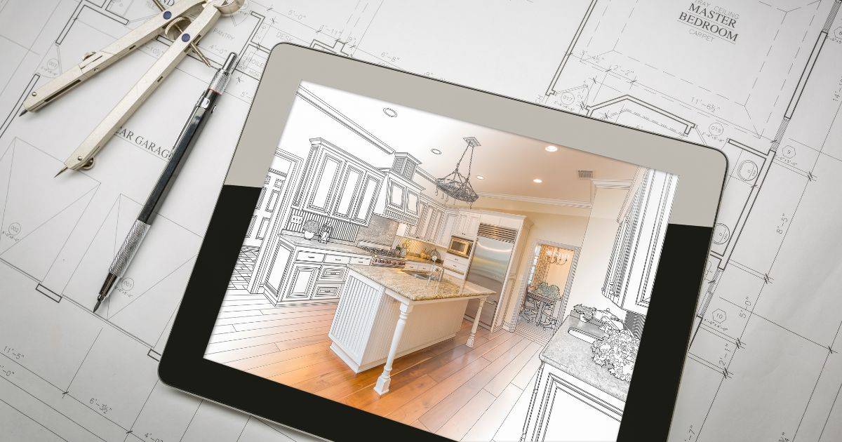 Tablet showcasing a kitchen remodeling concept with blueprint overlay