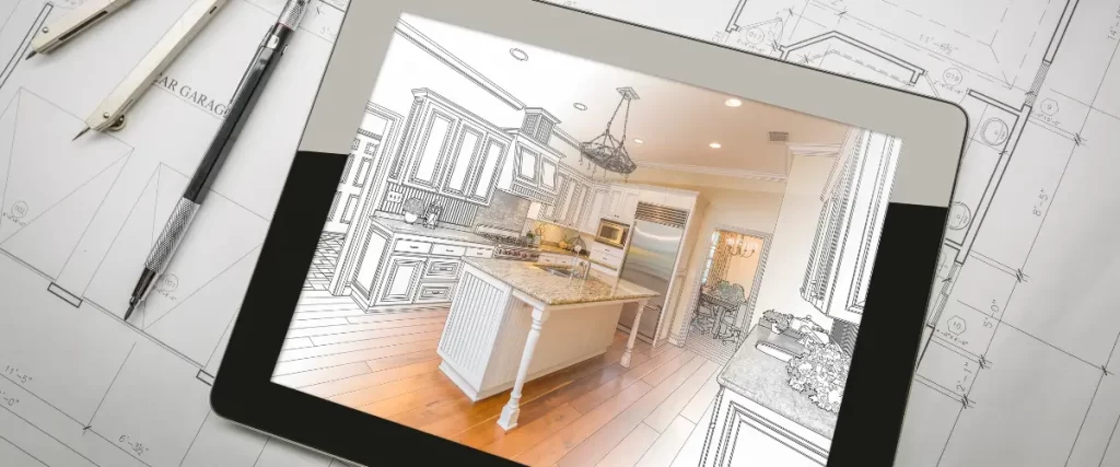 Tablet displaying a kitchen design rendering transitioning to a real image