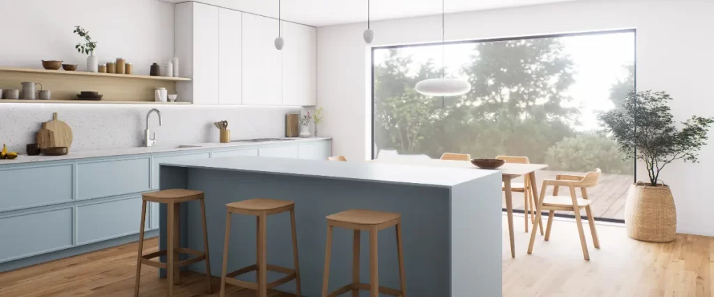 Minimalist kitchen with a blue island and large window view