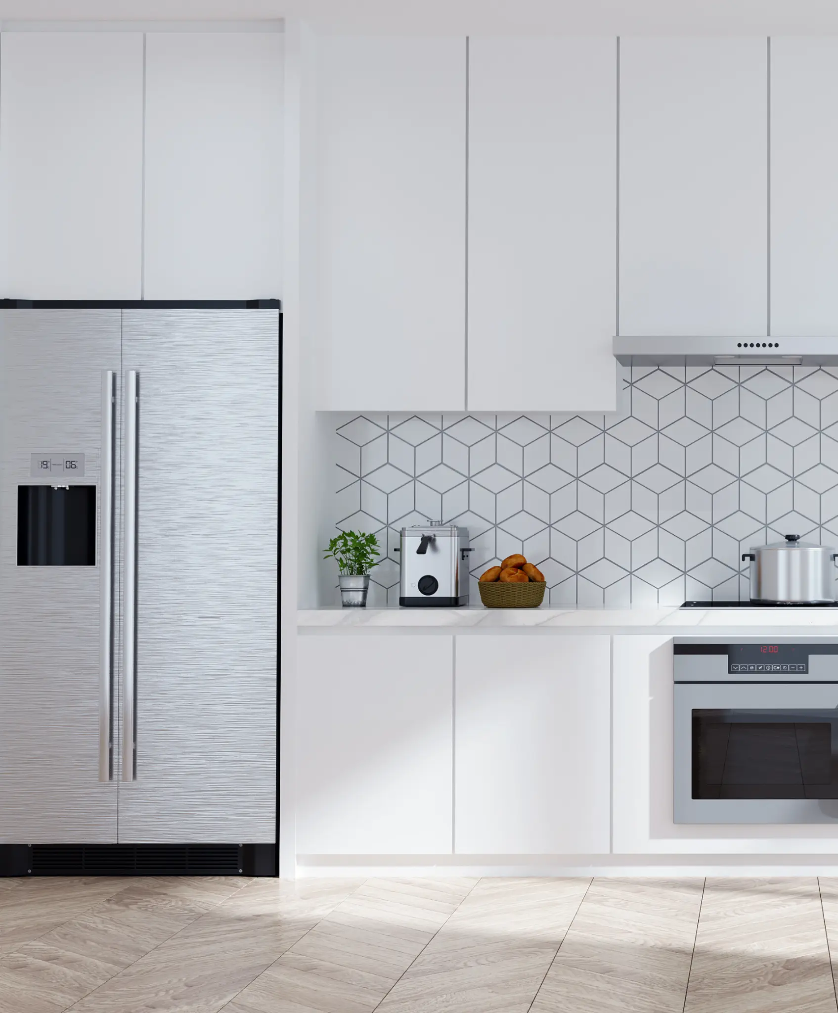 Bright and airy white kitchen with modern appliances and sleek cabinetry