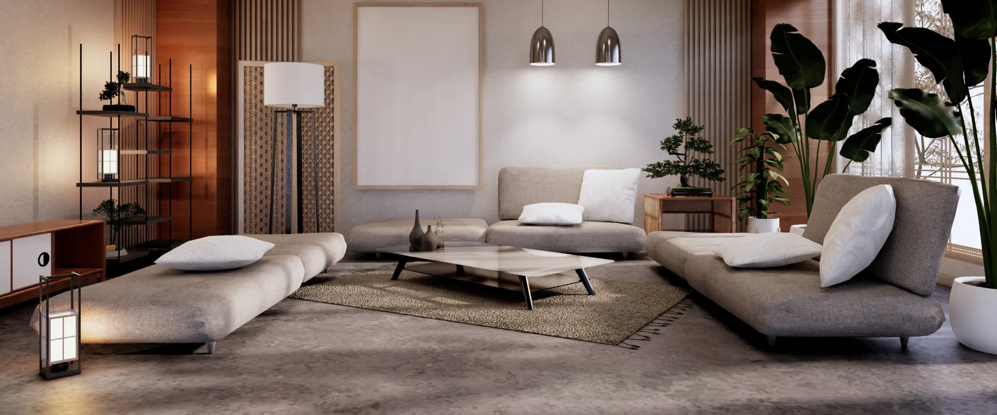 A minimalist Zen-style living room with low-profile sofas, soft lighting, and indoor greenery.