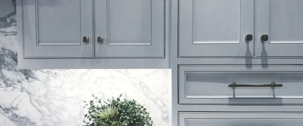 A close-up of gray kitchen cabinets with a marble backsplash and a small potted plant.