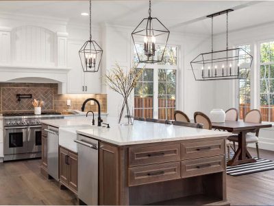 Beautiful kitchen in new traditional style luxury home, with qua